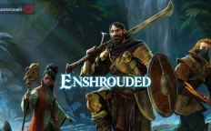 کاور بازی Enshrouded با لوگوی رسمی بازی روی سه قهرمان مسلح در جنگلی مه آلود