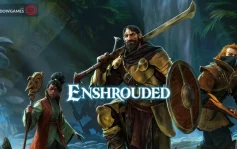 کاور بازی Enshrouded با لوگوی رسمی بازی روی سه قهرمان مسلح در جنگلی مه آلود
