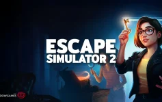 کاور بازی Escape Simulator 2 با لوگوی رسمی بازی روی زنی عینکی با کلید طلایی
