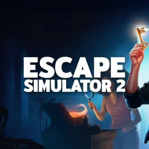 کاور بازی Escape Simulator 2 با لوگوی رسمی بازی روی زنی عینکی با کلید طلایی
