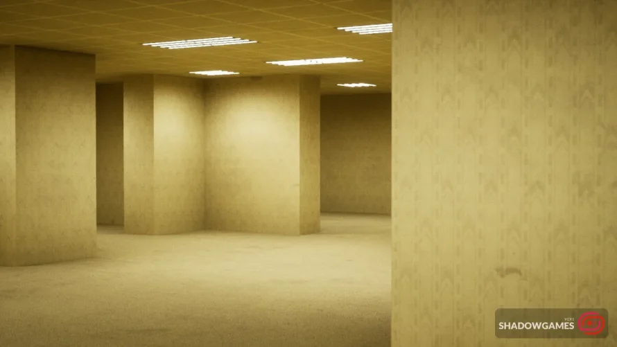 اتاق های زرد با ستون ها و نور مهتابی سقف در بازی آنلاین Escape the Backrooms