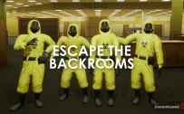 کاور بازی Escape the Backrooms با لوگوی رسمی بازی روی چهار بازیکن با لباس محافظ زرد