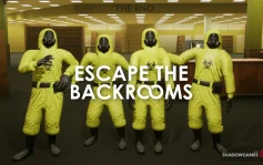 کاور بازی Escape the Backrooms با لوگوی رسمی بازی روی چهار بازیکن با لباس محافظ زرد
