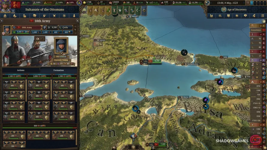 پنل ارتش سلطنت عثمانی کنار نقشه دریای مرمره در بازی آنلاین Europa Universalis V