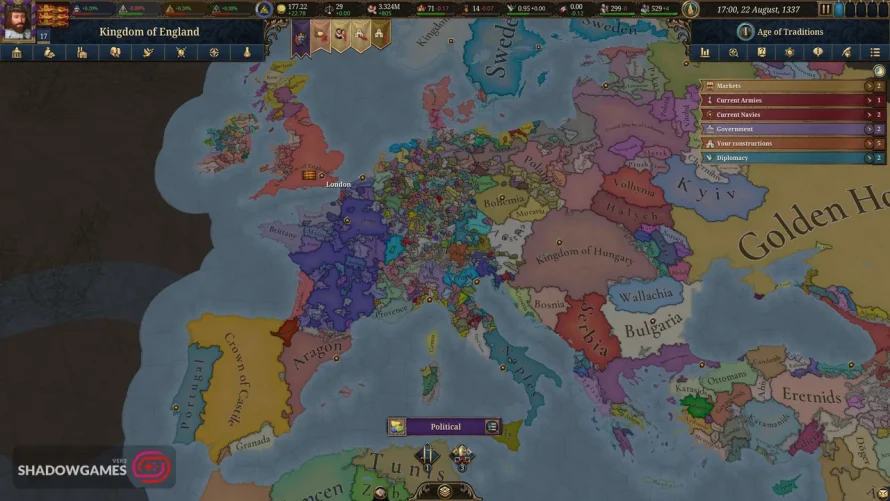نقشه سیاسی رنگارنگ اروپا با قلمرو پادشاهی انگلستان در بازی Europa Universalis V