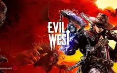 کاور بازی Evil West با لوگوی رسمی بازی روی شکارچی کلاه به سر و هیولای پشمالو