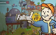 کاور بازی Fallout 76 با لوگوی رسمی بازی روی شخصیتی کارتونی با کلاه ایمنی و چکش