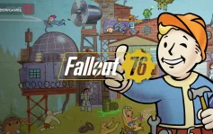 کاور بازی Fallout 76 با لوگوی رسمی بازی روی شخصیتی کارتونی با کلاه ایمنی و چکش