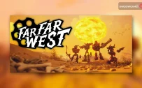 کاور بازی Far Far West با لوگوی رسمی بازی روی گاوچران های رباتی و انفجار