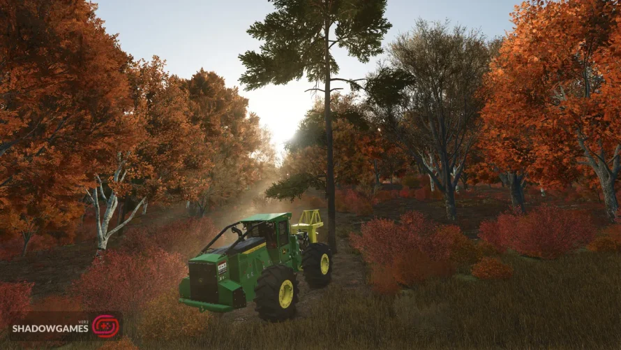ماشین سبز جنگل داری میان درختان پاییزی نارنجی در بازی آنلاین Farming Simulator 25