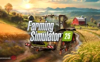 کاور بازی Farming Simulator 25 با لوگوی رسمی بازی روی تراکتور زنجیری کنار مزرعه گندم