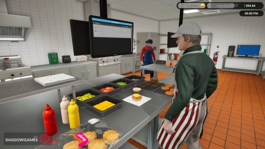 آشپز کنار میز مواد همبرگر و مانیتور سفارش ها در بازی آنلاین Fast Food Simulator