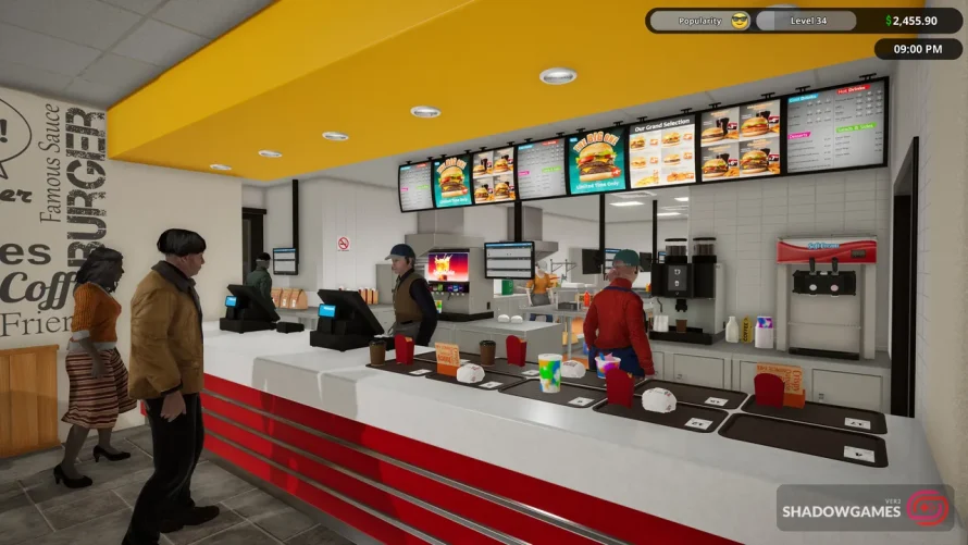 صف مشتری ها جلوی پیشخوان رستوران زیر تابلو های منو در بازی Fast Food Simulator