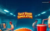 کاور بازی Fast Food Simulator با لوگوی رسمی بازی روی آشپزخانه رستوران و لیوان نوشابه قرمز
