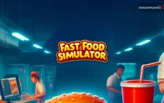 کاور بازی Fast Food Simulator با لوگوی رسمی بازی روی آشپزخانه رستوران و لیوان نوشابه قرمز
