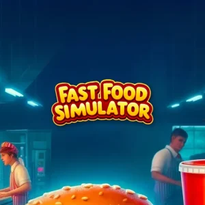 کاور بازی Fast Food Simulator با لوگوی رسمی بازی روی آشپزخانه رستوران و لیوان نوشابه قرمز