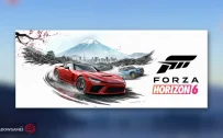 کاور بازی Forza Horizon 6 با لوگوی رسمی بازی روی ماشین قرمز و کوه برفی