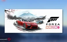 کاور بازی Forza Horizon 6 با لوگوی رسمی بازی روی ماشین قرمز و کوه برفی
