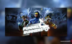 کاور بازی Funnel Runners با لوگوی رسمی بازی روی سه شخصیت در میان صاعقه ها