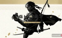 کاور بازی Ghost of Tsushima DIRECTOR'S CUT با لوگوی رسمی بازی روی سامورایی سیاه پوش