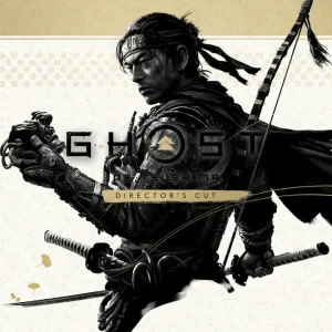 کاور بازی Ghost of Tsushima DIRECTOR'S CUT با لوگوی رسمی بازی روی سامورایی سیاه پوش