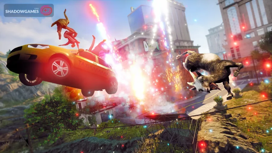 بز و تاکسی زرد در حال پرواز میان انفجار در بازی آنلاین Goat Simulator 3