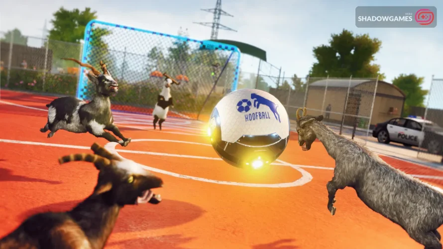 بزها در حال بازی با توپ درخشان روی زمین نارنجی در بازی Goat Simulator 3