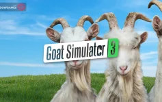 کاور بازی Goat Simulator 3 با لوگوی رسمی بازی روی سه بز سفید زیر آسمان آبی