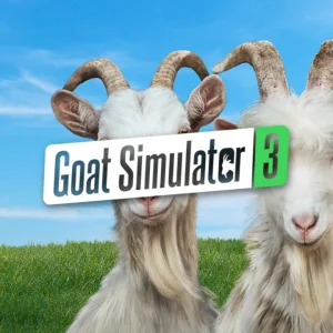 کاور بازی Goat Simulator 3 با لوگوی رسمی بازی روی سه بز سفید زیر آسمان آبی