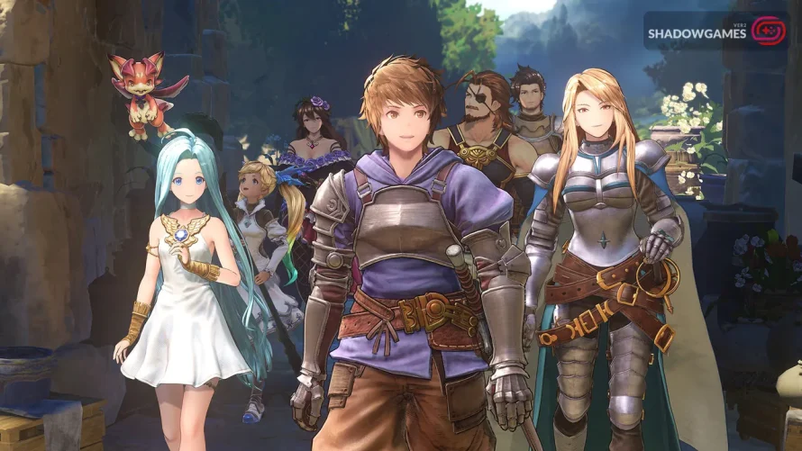 گروهی از شخصیت ها همراه اژدهای کوچک قرمز در بازی Granblue Fantasy: Relink