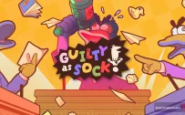 کاور بازی Guilty as Sock! با لوگوی رسمی بازی روی قاضی جورابی و دو وکیل فریادزن