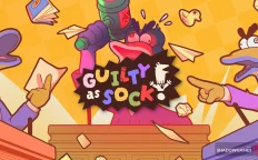 کاور بازی Guilty as Sock! با لوگوی رسمی بازی روی قاضی جورابی و دو وکیل فریادزن