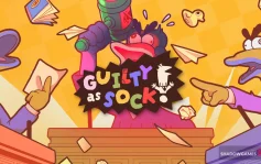 کاور بازی Guilty as Sock! با لوگوی رسمی بازی روی قاضی جورابی و دو وکیل فریادزن