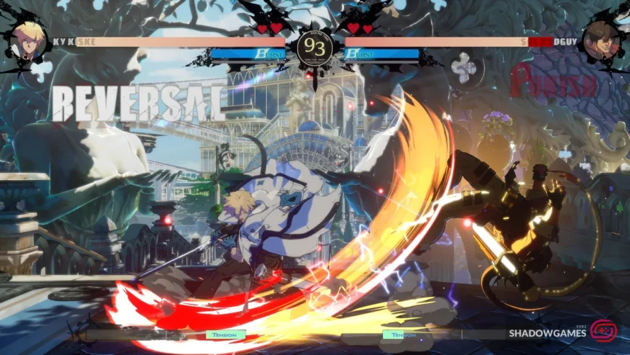 ضد حمله Ky Kiske با شمشیر روی تراسی پر از مجسمه در بازی GUILTY GEAR -STRIVE-