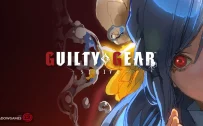 کاور بازی GUILTY GEAR -STRIVE- با لوگوی رسمی بازی روی چهره دختری با موهای آبی