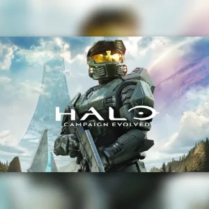 کاور بازی Halo: Campaign Evolved با لوگوی رسمی بازی روی Master Chief در دره ای سرسبز