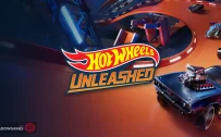 کاور بازی HOT WHEELS UNLEASHED با لوگوی رسمی بازی روی ماشین ها در پیست نارنجی