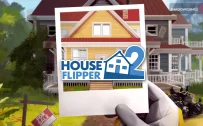 کاور بازی House Flipper 2 با لوگوی رسمی بازی روی خانه ای فرسوده با تابلوی فروش