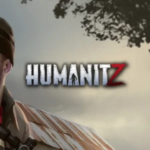 کاور بازی HumanitZ با لوگوی رسمی بازی روی مردی ریشو با تفنگ دوربین دار