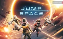 کاور بازی Jump Space با لوگوی رسمی بازی روی چهار فضانورد مسلح میان سیارک های سوزان
