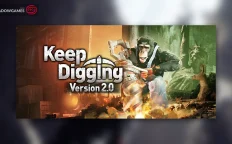 کاور بازی Keep Digging با لوگوی رسمی بازی روی شامپانزه ای با مته در دست
