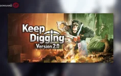 کاور بازی Keep Digging با لوگوی رسمی بازی روی شامپانزه ای با مته در دست