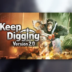 کاور بازی Keep Digging با لوگوی رسمی بازی روی شامپانزه ای با مته در دست