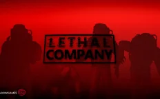 کاور بازی Lethal Company با لوگوی رسمی بازی روی سایه کارگران لباس فضایی در زمینه قرمز