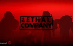 کاور بازی Lethal Company با لوگوی رسمی بازی روی سایه کارگران لباس فضایی در زمینه قرمز