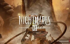 کاور بازی Little Nightmares III با لوگوی رسمی بازی روی دو کودک و دستی غول پیکر
