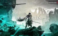 کاور بازی Lords of the Fallen با لوگوی رسمی بازی روی جنگجوی شمشیر به دست