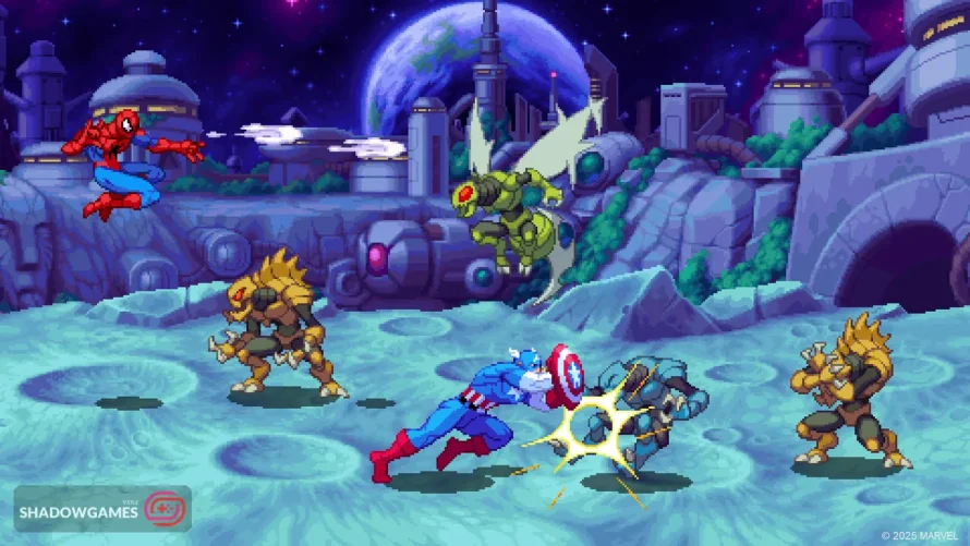 قهرمان سپردار و موجودات فضایی روی سطحی پر از دهانه در بازی آنلاین MARVEL Cosmic Invasion