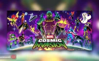 کاور بازی MARVEL Cosmic Invasion با لوگوی رسمی بازی روی موجودی غول پیکر و قهرمانان مارول