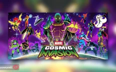 کاور بازی MARVEL Cosmic Invasion با لوگوی رسمی بازی روی موجودی غول پیکر و قهرمانان مارول